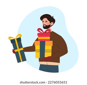 Hombre con caja de regalo. Joven con cajas y paquetes en papel de envoltura. Elemento de diseño para la postal de bienvenida y invitación. Publicidad y marketing en Internet. Dibujo vectorial plano de dibujos animados