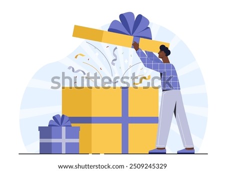 Man with gift box. Young guy with big present and surprise. Customer and client with award and reward. Prize for lottery winner. Holiday and festival, event celebration. Flat vector illustration