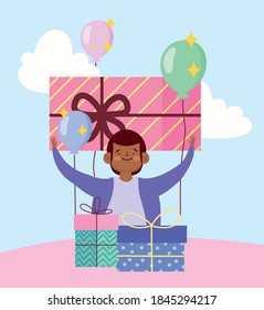 man gift boxes balloons festive celebraton party cartoon vector illustration