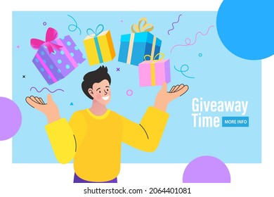Man with gift boxes. bonus or reward. Promotion of online store or shop loyalty program. Birthday concept. Friends made a surprise. Your best gift is your friends. vector illustration