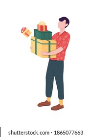Man with gift boxes flat color vector faceless character. Christmas presents. Guy with packages. Holiday celebration isolated cartoon illustration for web graphic design and animation