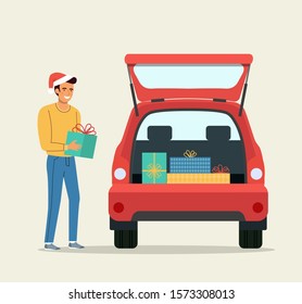 Man with Gift boxes next to the trunk of the car. Vector flat style illustration