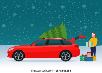 Man With Gift Boxes Next To The Trunk Of The Station Wagon Car. Vector Flat Style Illustration.