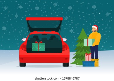 Man with gift boxes next to the trunk of the station wagon car. Vector flat style illustration.