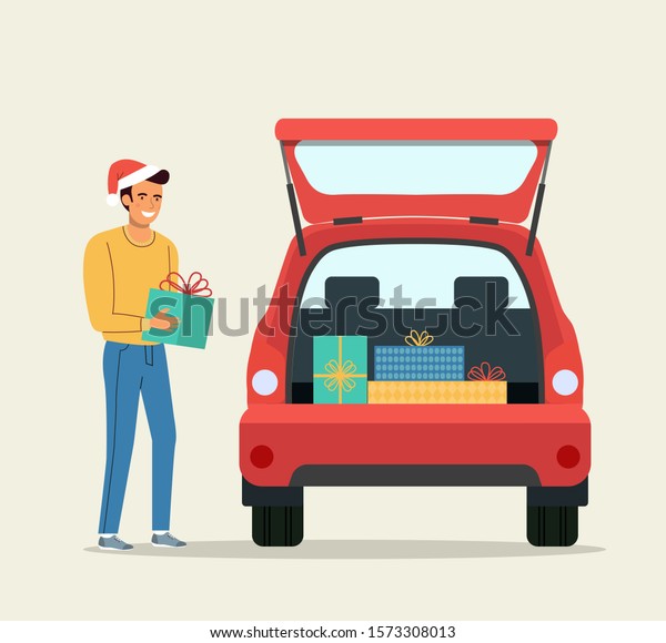 Man with Gift boxes next to the trunk of the\
car. Vector flat style\
illustration