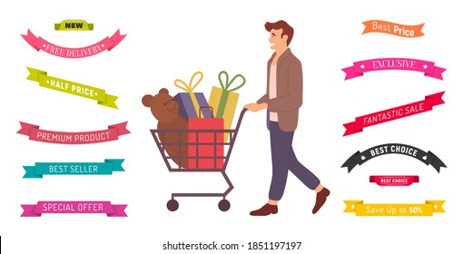 Hombre con cajas de regalo y oso de juguete en el carro de la compra. Anuncio de precios bajos y ventas. Oferta especial y la mejor selección de productos en la tienda. Guy compra regalos exclusivos para las vacaciones