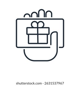  Un hombre con una Tarjeta de regalo, certificado. Ilustración de icono lineal de Vector sobre fondo blanco.