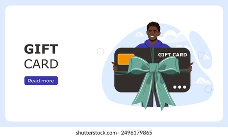 Man with gift card poster. Client with large black bonus card. Special offer for regular customers. Advertising and marketing. Landing webpage design. Flat vector illustration