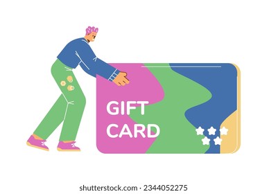 Hombre con tarjeta de regalo o tarjeta de descuento de tienda, cupón o vale, ilustración vectorial de dibujos animados planos aislados en fondo blanco. Tarjeta de regalo para clientes y clientes.