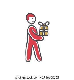 Man with a gift doodle icon, human and present hand drawn vector illustration on a white background