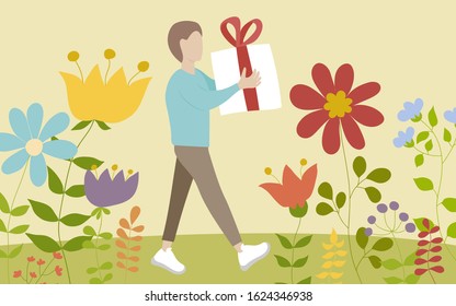 Man with gift. Flat illustration. Can be used for illustration of articles, blogs, websites, stickers, booklets, flyers, landings, messengers.