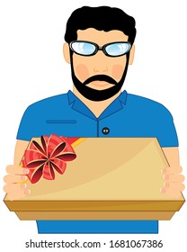 Man with gift in hand on white background