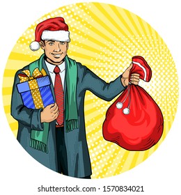 A man with a gift in a hat with a bag of Santa Claus, a seller, a Manager, a happy buyer. Drawn in the style of pop art, retro, realism. Happy New year and merry Christmas greeting card!
