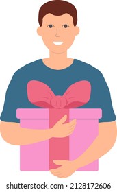 Man with gift. Man holding a big present vector illustration isolated on white background. Feelings of love care. Romantic concept.