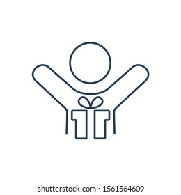 The man and gift icon. The strategy of encouraging the client, partner, employee. Simple vector linear icon on a white background.