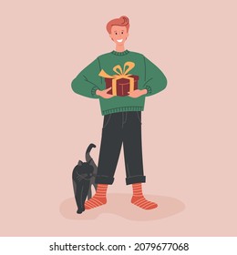 Man with a gift. New year present. Vector image.