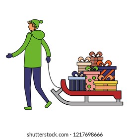 man with gift on sled winter