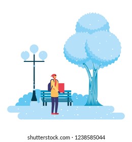 man with gift park winter scenery