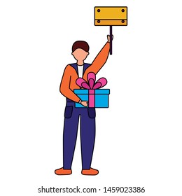 man with gift and placard birthday celebration vector illustration