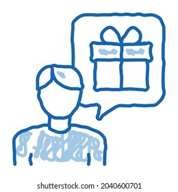 Man with Gift Thought sketch icon vector. Hand drawn blue doodle line art Man with Gift Thought sign. isolated symbol illustration