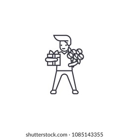 man with giftbox and flowers vector line icon, sign, illustration on background, editable strokes