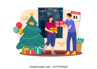 Man gifting Christmas gift to woman Illustration concept. Flat illustration isolated on white background