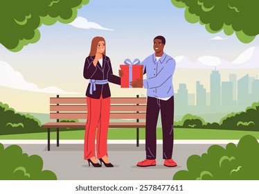 A man gifting a wrapped present to a woman near a park bench with a cityscape in the background. Flat style with vibrant colors. Concept of kindness. Vector illustration.