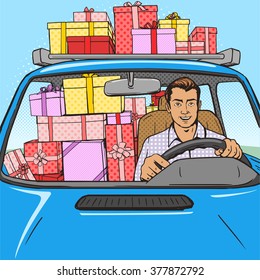 Man with gifts boxes drive car pop art style vector illustration.  Comic book style imitation. Vintage retro style. Conceptual illustration