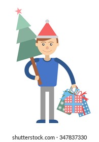 Man with gifts and Christmas tree for the holiday. Vector illustration.