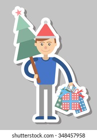 Man with gifts and Christmas tree for the holiday. Vector illustration.
