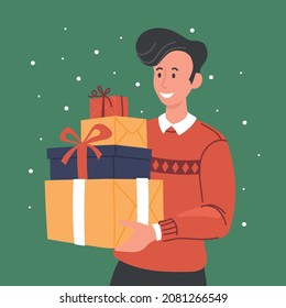 Man with gifts. The man congratulates on the holiday and gives a gift.