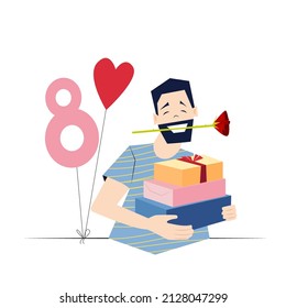 A man with gifts and a rose in his teeth. Isolated on a white background. World Women's Day