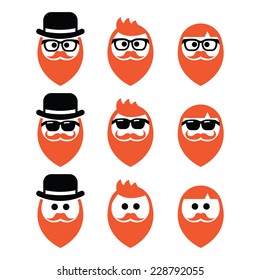 Man with ginger beard with moustache or mustache, hipster icons set 