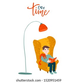 Man with a ginger cat in a chair. Cozy time lettering. Vector illustration in flat cartoon style 