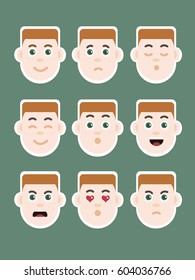 Man with ginger hair expressing different emotions, set of male avatar