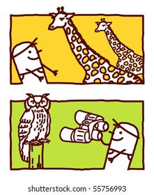 man with giraffes & owl