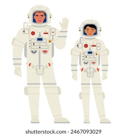 man and a girl in an astronaut costume isolated on a white background. people in space suits for space travel. flat cartoon-style drawing. stock vector illustration. EPS 10.