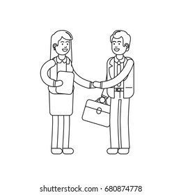man and girl businessmen shake hands on white background. Line black. Flat style vector illustration clipart.
