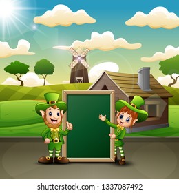 Man and girl cartoon leprechaun with green chalkboard on the farm landscape