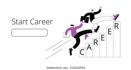 A man and a girl in casual clothes with a laptop in their hands are running up the career ladder. Vector illustration of a successful career.