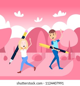man girl character hold pencil pen template for design work and animation over pink landscape background full length flat vector illustration