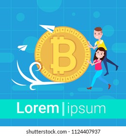 man girl character pushing coin bitcoin mining template for design work and animation cryptocurrency on blue background full length flat copy space vector illustration