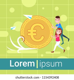man girl character pushing euro coin template for design work and animation growth wealth full length flat copy space vector illustration