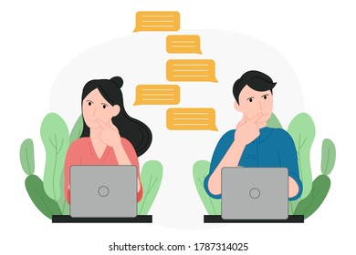 Man and girl chat in laptop vector illustration cartoon flat design modern style 