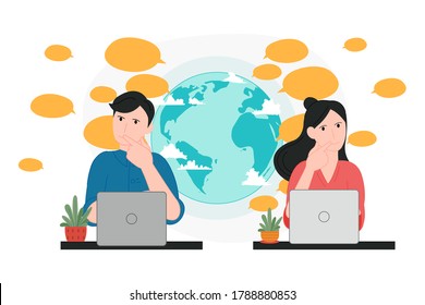 Man and girl chat in laptop vector illustration cartoon flat design modern style 
