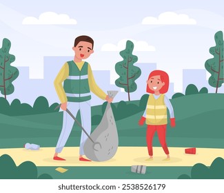 Man with Girl Clean Nature Collect Garbage Care of Environment Vector Illustration