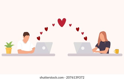 Man and girl communicate on Internet. Romantic couple having conversation on internet. Distance relationship and virtual love.