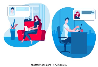 A man and a girl communicate online. A girl with a laptop is sitting at home, a man is sitting in the office. Vector illustration on the topic of online communication.