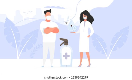 Man and Girl doctor. Medics in medical masks. Spray bottle. Sanitizer in a flat style. Vector.