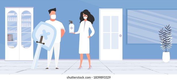 Man and Girl doctor. Medics in medical masks. Spray bottle.  Medical office. Doctor's office. Cabinet, medicines. Vector. 